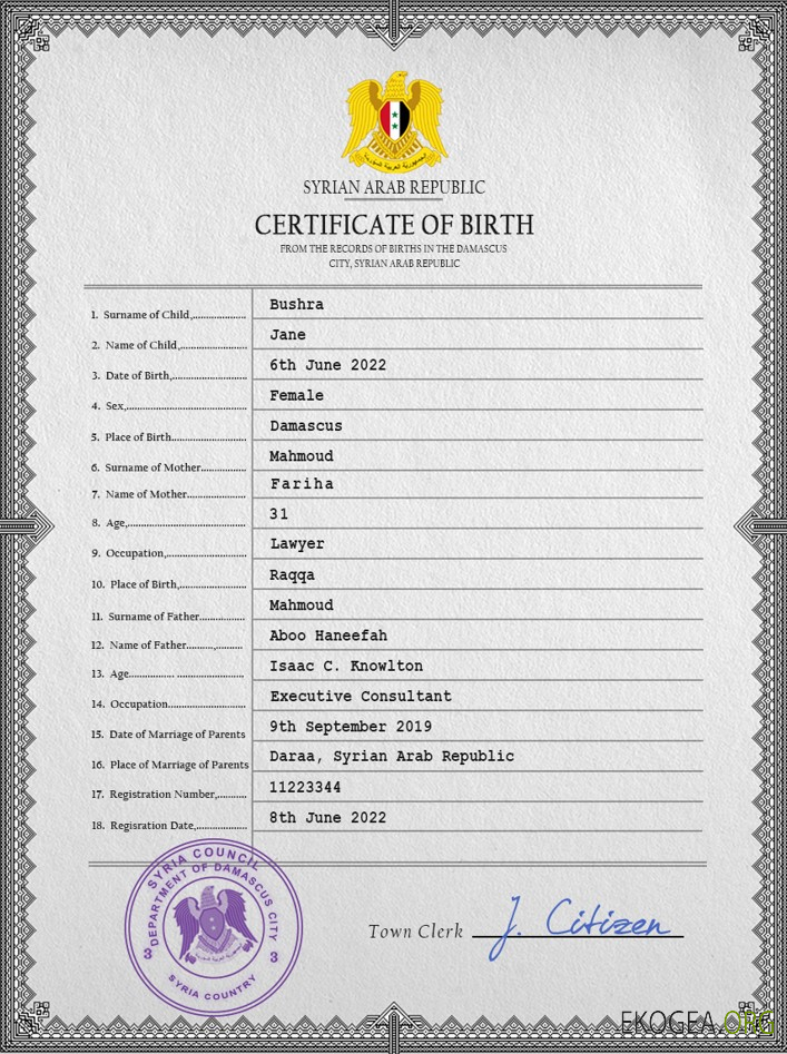 Modèle PSD de certificat de naissance en Syrie